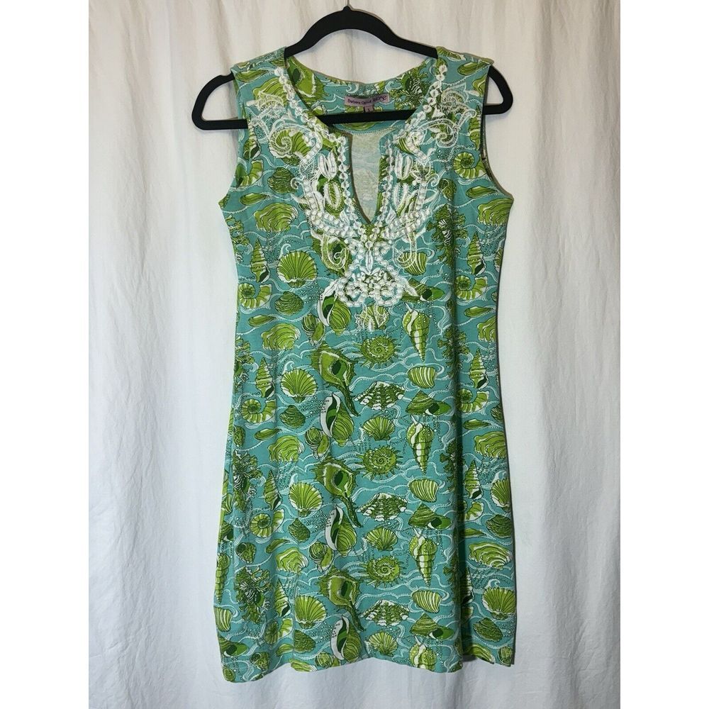 Barbara Gerwit Vintage Dress‎ Womens Small Blue Green Sea Shell Shift AA21